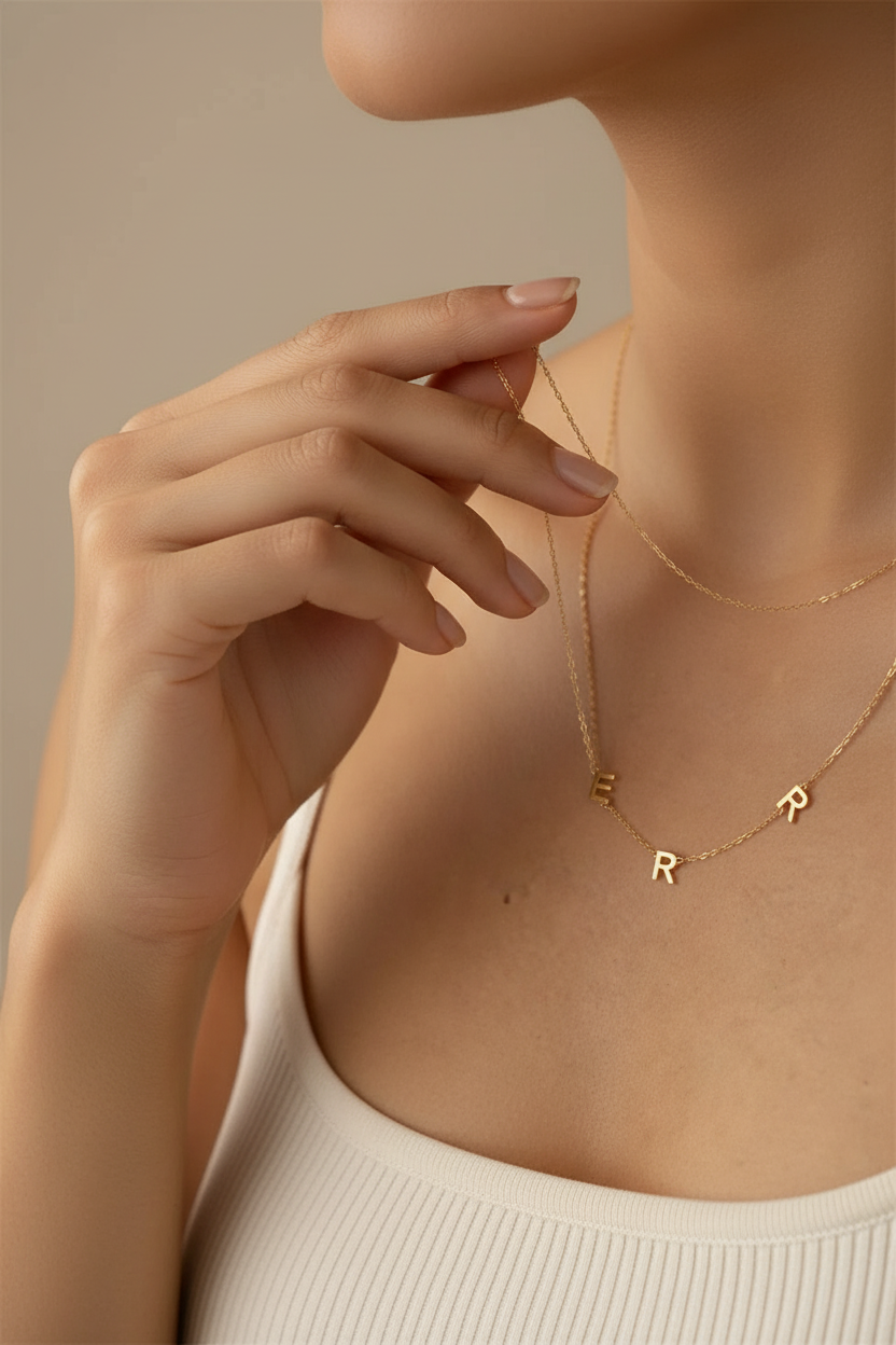 Close-up of a woman's hand touching a gold initial side necklace on a beige background.